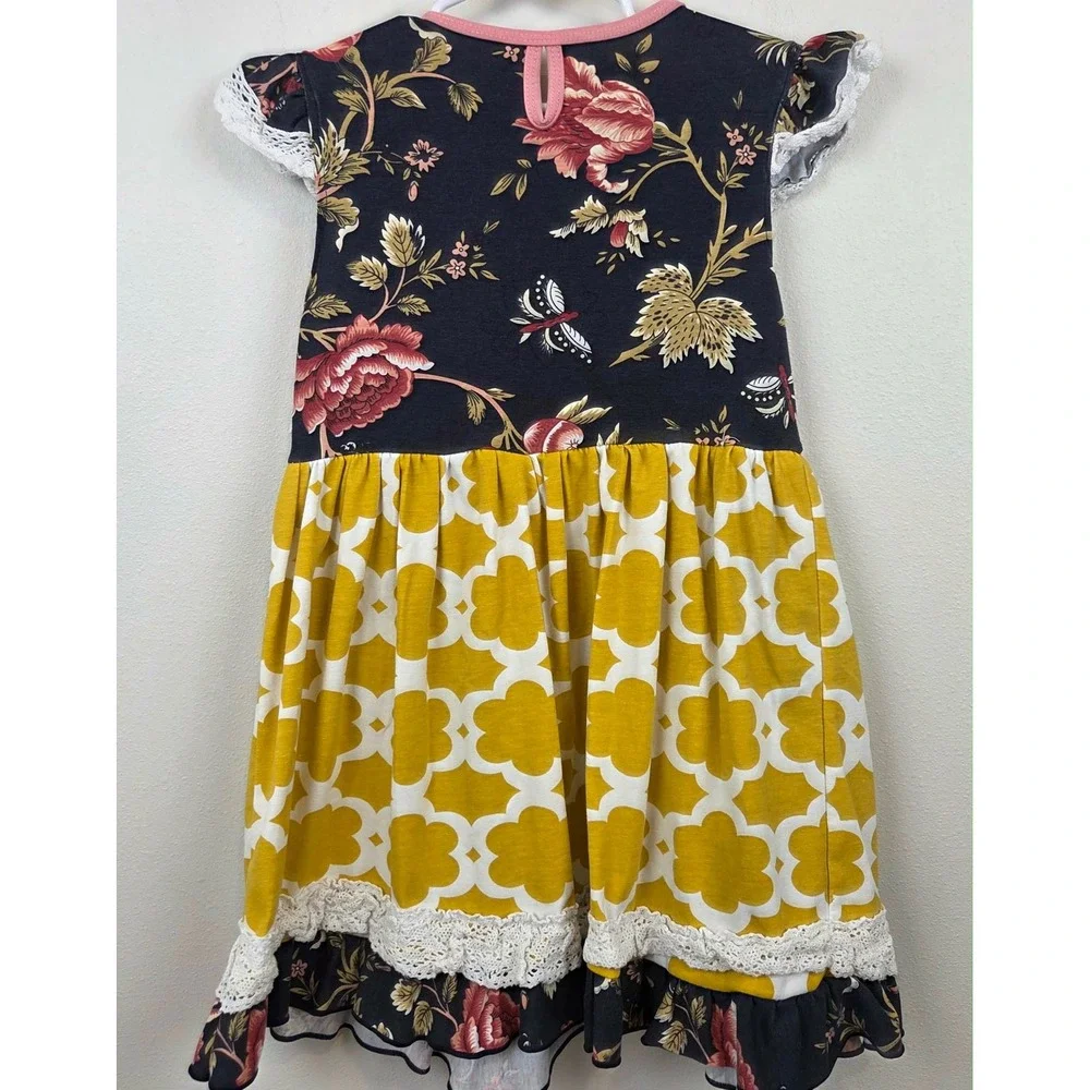 Ruffles by Tutu and Lulu Girls Floral Lace Ruffle Dress Pink Yellow Size 6-7Y